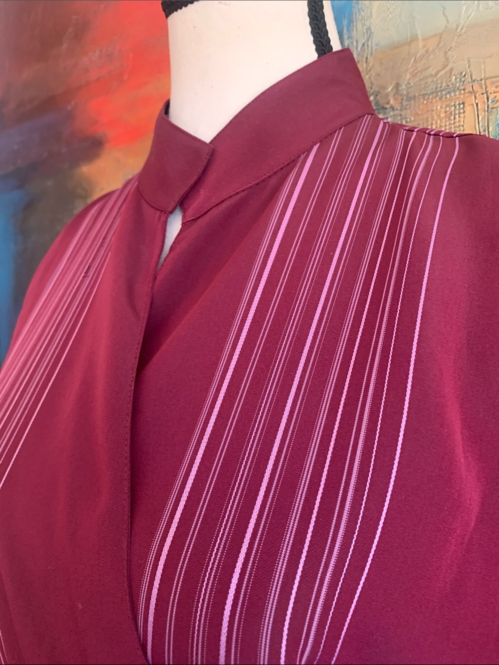 Tristan Burgundy & Lavender Striped Kimono Style Wrap Blouse, XL (M) - Picture 4 of 9